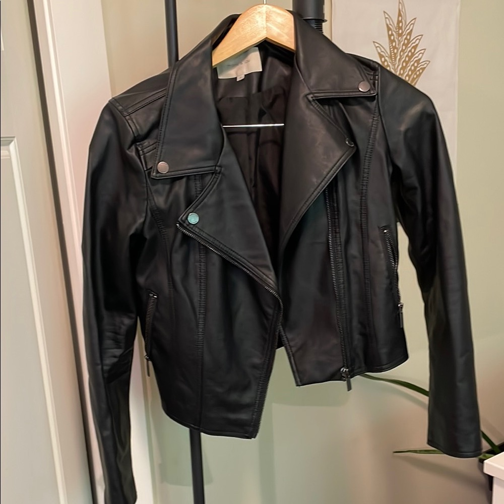 Classic Black Leather Moto Jacket Asymmetrical Design
